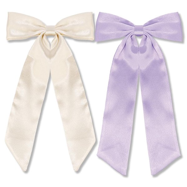 Ahoney 2Pack Satin Hair Bow Hair Clips for Women Girls, Hair Ribbons for Hair Ponytail Cute Hair Ties with Long Tail, Bow for Hair Accessories Bow Barrettes Women (Purple&Champagne)
