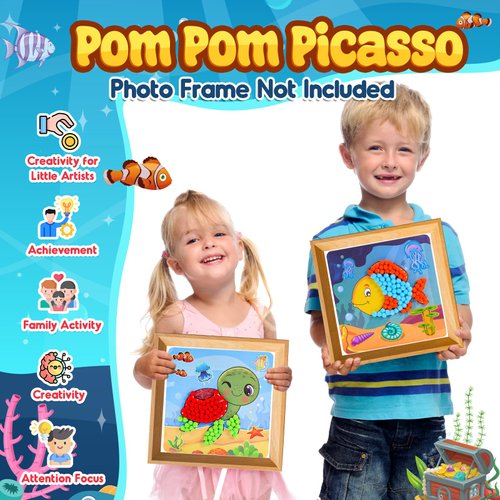 Girls Gifts Pom Pom Crafts 6PCS 7.9-Inch, Pom Pom Art Kit & Crafts for Kids Ages 2-4 4-8 6-8, Toddler Crafts Kits Art Projects, DIY School Supplies Kit, Birthday Christmas Gifts (Ocean Animal Set)