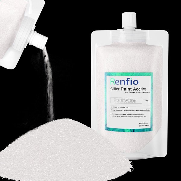 Renfio Glitter Paint Additive, 8.75oz 250g Ultra Fine Glitters Crystal 1/128" 0.008" 0.2mm Glitter Paint for Acrylic Emulsion, Interior Exterior Wall Ceiling Wood Varnish - Pearl White