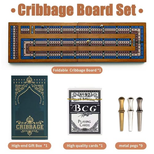 Wooden Cribbage Board Game Set, Travel Cribbage Board with Storage and Collapsible, with Magnetic Lock / 9 Metal Pegs/Full Deck of Cards, Family Board Games for Kids and Adults