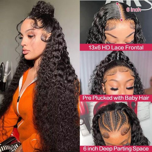 30 Inch 13x6 Deep Wave Lace Front Wigs Human Hair HD Transparent Wigs Human Hair for Women 200% Density Glueless Lace Front Wigs Human Hair Pre Plucked Curly Wig Human Hair with Baby Hair