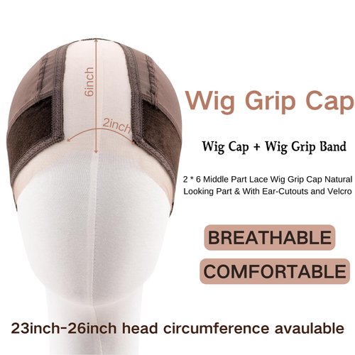 Women Lace Wig Grip Cap - 2x6 Middle Part Lace Area Adjustable Non-Slip Band With Velcro - Wig Gripper Around Lace Edge With Ear-Cutouts Comfortable Breathable No-Headache (Brown)