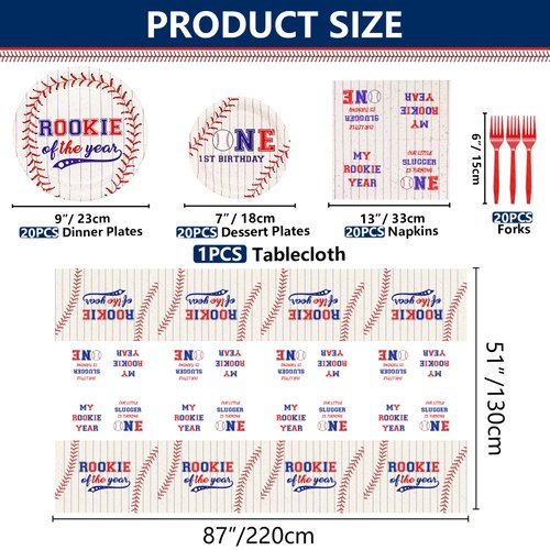 Baseball 1st Birthday Party Supplies for 20 Guests, Disposable Tableware Set includes Rookie of The Year Paper Plates, Tablecloth, Napkins and Forks for Boys Baby First Baseball Party Decorations