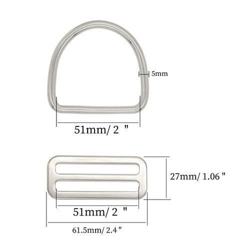 Hamineler 4Pcs 2 Inch Stainless Steel Slide Buckle Adjuster Sliders, 4Pcs 2 Inch Stainless Steel Welded D Rings, Adjustable Metal Webbing Strap Buckle Fasteners