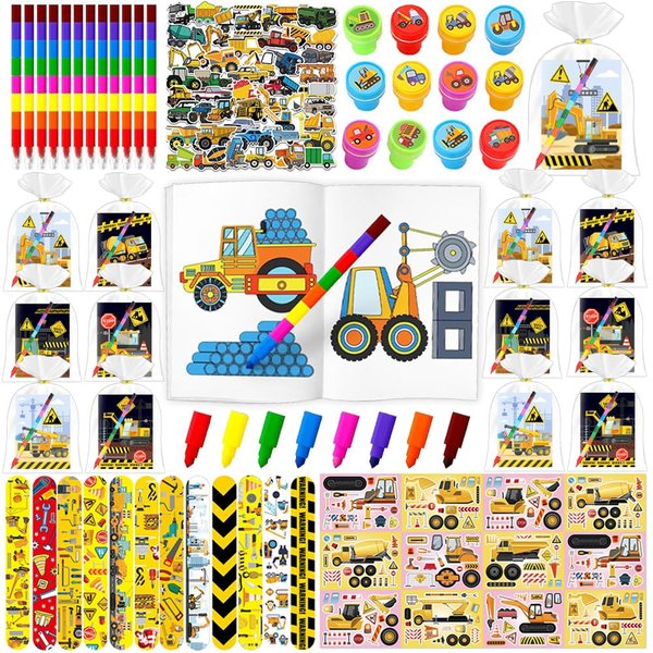 Construction Party Favors With Coloring Book,122Pcs Truck Party Supplies Including Coloring Books,Crayons,Wristband,Stamps,For Party Goodie Bag Fillers School Activity Supplies (Truck)