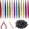 Xinnun 52 Pcs Colored Hair Feathers Extension Kit,Long Rainbow Synthetic Hair Feather False Hair Extension with 200 Pcs Silicone Lined Micro Ring, Crochet Hook, Hair Extension Remover Plier for Women
