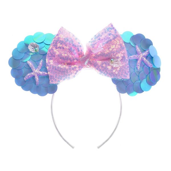 WW-WONDERFULWORLD Mouse Ears Headband With Shiny Mermaid Sequins & Bow, for Girls Costume Cosplay Glitter Ocean Party, for Kids & Adult, Blue; MRY1