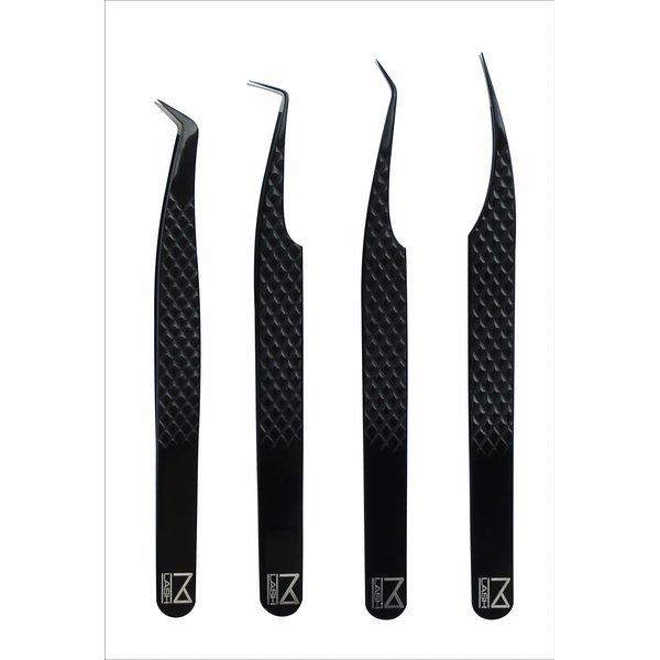 M LASH Eyelash Extension Tweezers (Set of 4) - Professional & Precision Lash Tweezers for Eyelash Extensions - Japanese Steel, Diamond Grip, Fiber Tip V3 (Black)