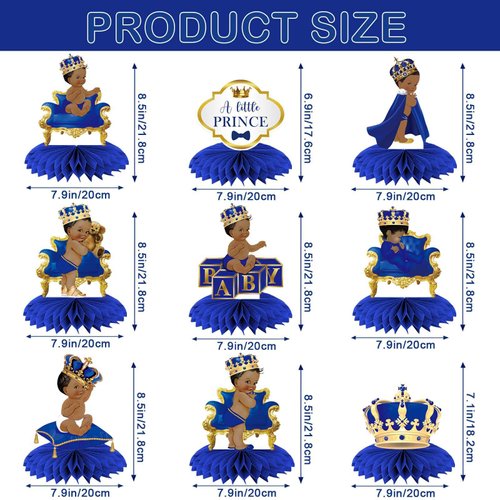 9Pcs Royal Prince Honeycomb Centerpieces Table Toppers, Little Prince Baby Shower for Table Decorations, Prince Themed Birthday Party Supplies, Wild One Birthday Party Decorations for Boys Kids