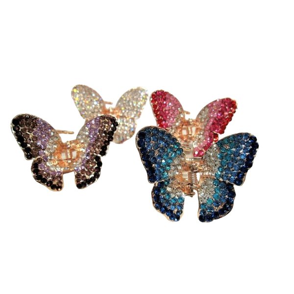 Generic Gold metal butterfly blue, pink, purple or clear crystal hair claw clip bridal (Primary color: Purple)