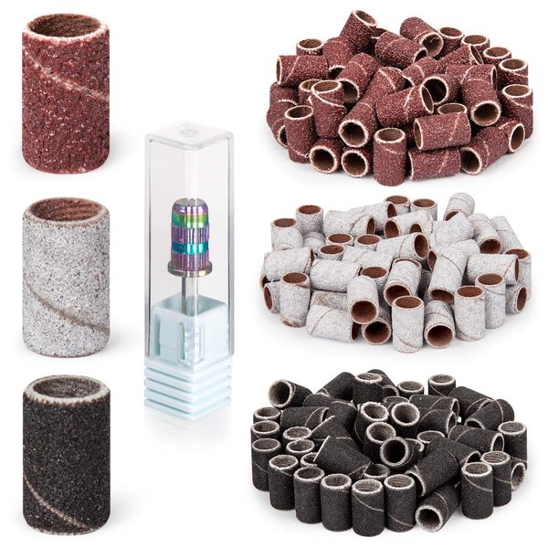 Lavinda Sanding Bands Nail Drill Bits 300Pcs Grits Electric File Nail Sanders Professional Drill Bits Set #80#150#240 Zebra Grinder Band colorful 3/32" Mandrel Bit for Manicures Nail Drill Machine