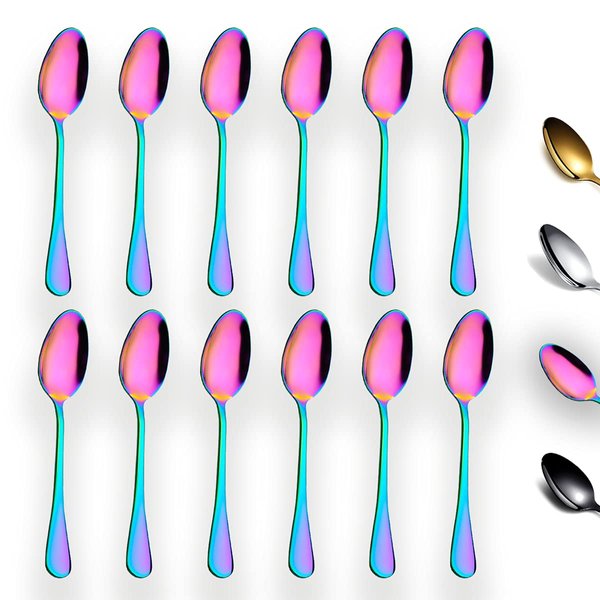 Rainbow Teaspoons 6.5" Set of 12, Berglander Stainless Steel Titanium Plating Shiny Mutil-Color Tea Spoons Silverware, Colorful Tea Spoon Small Dessert Spoon Teaspoon Easy To Clean Dishwasher Safe