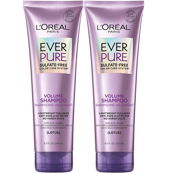L'Oreal Paris EverPure Volume Sulfate Free Shampoo for Color-Treated Hair, Volume + Shine for Fine, Flat Hair, with Lotus Flower, 2 Count (8.5 Fl; Oz each) (Packaging May Vary)