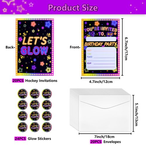 PTECDROTS 20Pcs Glow Party Invitations Sets with Envelopes Let’s Glow Neon Party Favors Double-sided Printed Invitation Cards for Girls Kids Birthday Party Invitations Supplies, 6.7 x 4.7 Inch