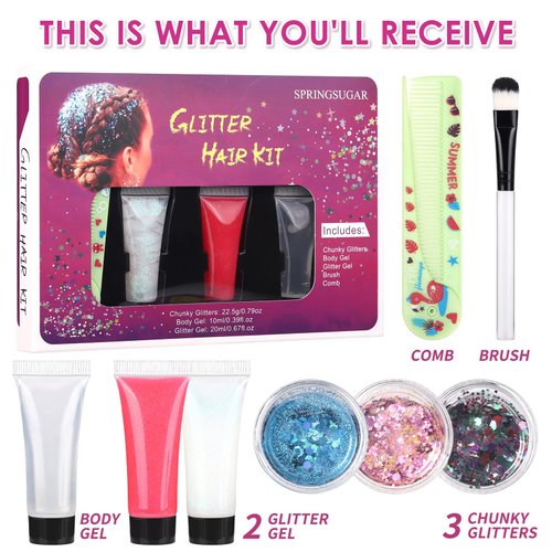 SPRINGSUGAR Face Glitter Body Glitter Makeup Kit, Holographic Hair Glitter Set for Body, Face, Eye, Lip, Chunky Hair Sparkling for Kids Party Concerts Festival Rave Accessories