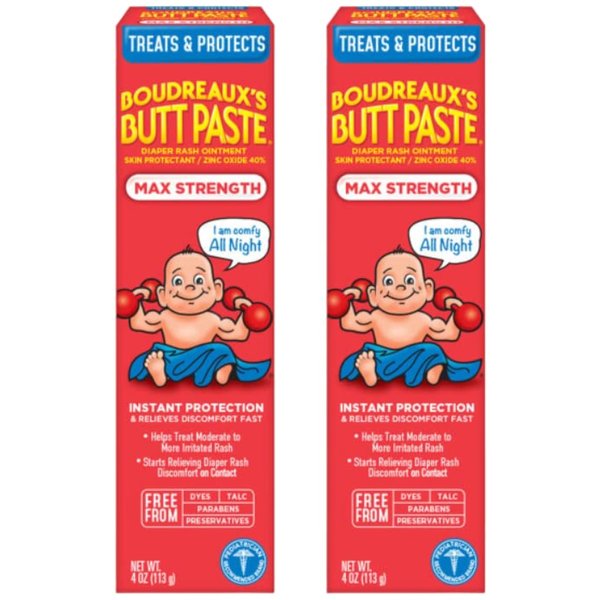 Boudreaux's Butt Paste Diaper Rash Ointment - Maximum Strength - Contains 40% Zinc Oxide - Paraben and Preservative-Free - 4oz (2 Pack)