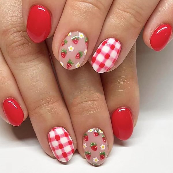 24 Pcs Almond Press on Nails Short Grid Fake Nails with Design Strawberry White Flower False Nails Glue on Nails Reusable Red Acrylic Nails Sets for Girls