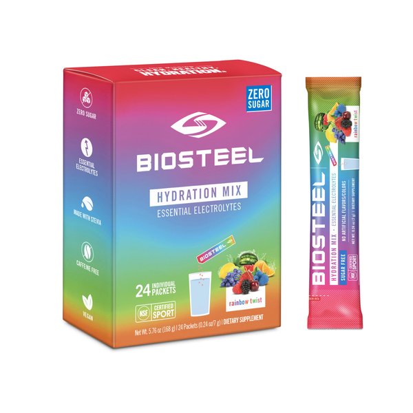 BioSteel Hydration Mix, Sugar-Free with Essential Electrolytes, Rainbow Twist, 24 Single Serving Packets