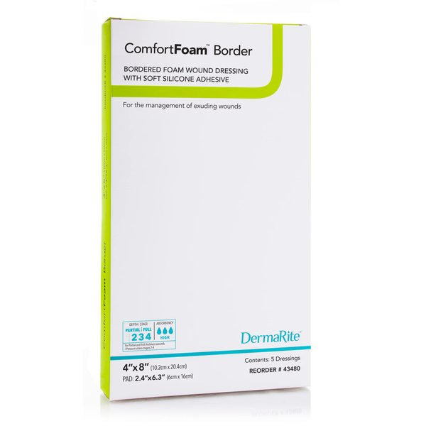 ComfortFoam Border Foam Wound Dressing, 4”x 8”, 5 Pack, Soft Silicone Adhesive, Highly Absorbent, Latex Free, Self-Adherent, Showerproof, Flexible, Cut to Fit