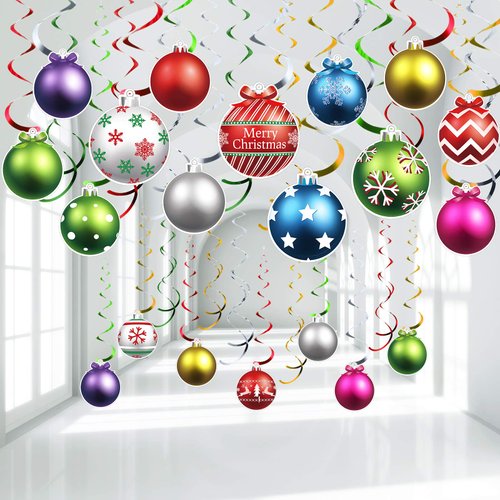 50 Pcs Christmas Foil Swirl Decorations Set for Ceiling, Snowman and Elk Signs - Holiday Party Supplies (Ball)