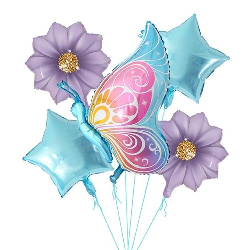 5 Pcs Butterfly Foil Balloons Blue Suit With Butterfly Flower Pentagram Themed Birthday Party Baby Showers Decorations Supplies