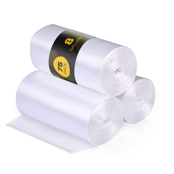 8 Gallon Trash Bags – 75 Small To Medium Garbage Bags | 24" x 24" Clear Waste Basket Trash Bags | Commercial Bulk Plastic Bathroom Trash Can Liners | Office Shredder Bags