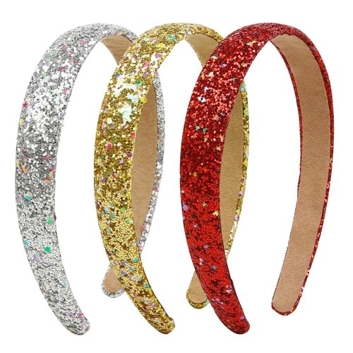 Glitter Headbands for Girls Women Non Slip Girls Headband, Sparkle Kids Headbands Cute Alice Head Band for Girl’s Hair, Girls Women Hair Accessories for Birthday Party Favors, Silver Red Gold Headband