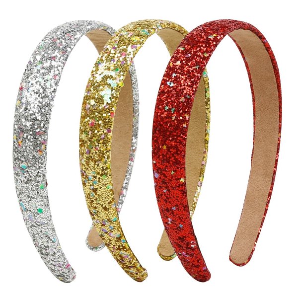 Glitter Headbands for Girls Women Non Slip Girls Headband, Sparkle Kids Headbands Cute Alice Head Band for Girl’s Hair, Girls Women Hair Accessories for Birthday Party Favors, Silver Red Gold Headband