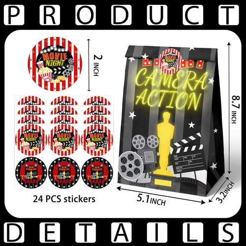 HaPiBiDesign Movie Night Party Favor Bags - 24 Pcs Movie Night Party Candy Bags with Stickers - Movie Night Goodie Gift Treat Bags - Movie Night Themed Birthday Party Supplies