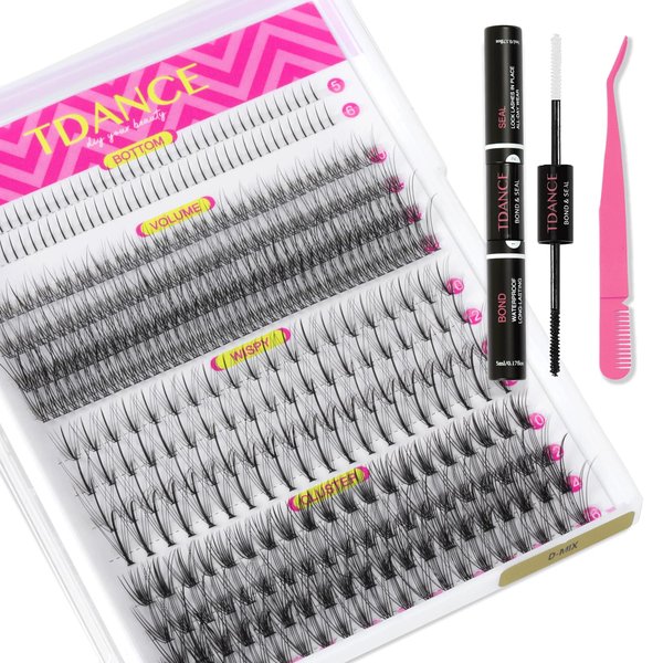 TDANCE Natural Individual Lash Clusters Kit Multi-type Mixed DIY Eyelash Extension:Bottom Lashes, Volume Lashes, 7D Wispy Spikes Fans, 20D Clusters, Bond&Seal, Lash Tweezer DIY at Home (5-16mm, Kit)