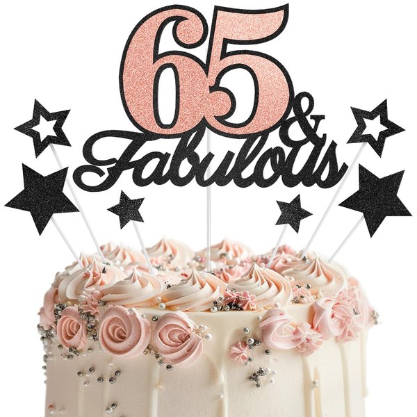 65 & Fabulous Cake Topper, 65th Birthday Cake Toppers, 65 and Fabulous Birthday Cake Decorations for 65th Birthday Party Decor for Men Women, Black Rose Gold