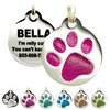 Engraved Pet Tag for Dogs & Cats - Personalized with 4 Lines of Custom Engraved ID, Round Paw Print Stainless Steel Enameled Deep Pink Regular