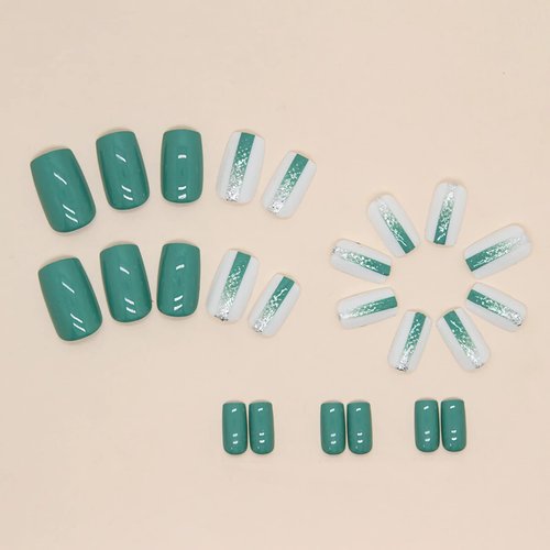 BABALAL Square Press on Nails Medium Green St Patricks Day Fake Nails White Shiny Glue on Nails 24Pcs Squoval Acrylic Nails for Women and Girls