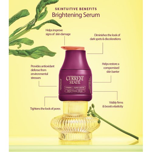CURRENT STATE Vitamin C & Super Greens Brightening Serum. For uneven skin tone, dark spots and skin. Brightens, improves skin tone, tightens the look of pores. 1 fl. oz.