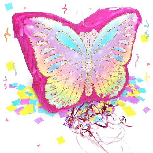 KiDEPOCH Butterfly Pinata for Birthday Party Supplies Colorful Pull String Butterfly Pinata for Girls Butterfly Themed Party Decoration, Small Pinata Party Supplies(16 x 12.6 x 4.2 In), Dark Pink