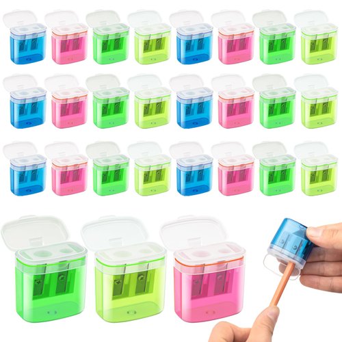 JEFURE 24 Pcs 2 Holes Small Manual Pencil Sharpener with Lid, Colored Handheld Dual Hole Pencil Sharpeners Bulk, Crayon Colored Pencils Sharpener, Pencil Sharpener for Kids, Office, School, Classroom