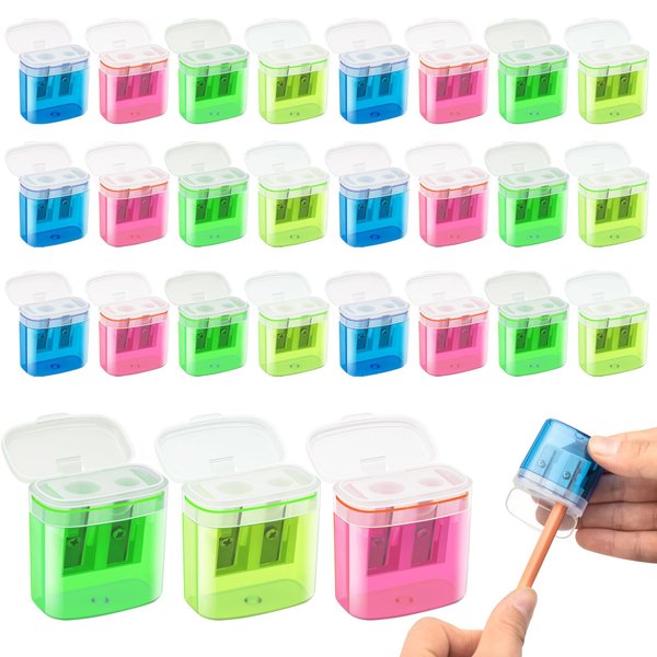 JEFURE 24 Pcs 2 Holes Small Manual Pencil Sharpener with Lid, Colored Handheld Dual Hole Pencil Sharpeners Bulk, Crayon Colored Pencils Sharpener, Pencil Sharpener for Kids, Office, School, Classroom
