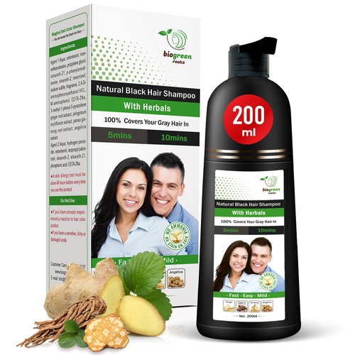 BIOGREEN ROOTS Black Hair Color Shampoo - Grey Coverage in 10 Minutes - Herbal Hair Coloring for All Hair Types - Natural Black Hair Dye - 200 ml