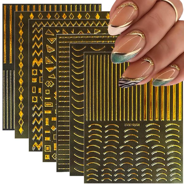 12 Sheets Gold Nail Art Stickers 3D Decals Self Adhesive Gold Line Nail Stickers Design Heart Star Square Triangle Chain Nail Supplies Charms for Women Girls Nail Art Manicure Decoration