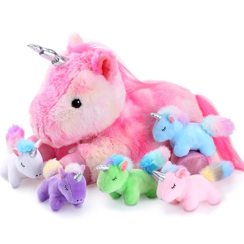 Sumind Rainbow Unicorn Mommy Stuffed Animal with 5 Cute Baby Unicorns in Her Tummy Plush Toy for Mama Girls Baby Toddler Kids 3 4 5 6 7 8+ YearChristmas Birthday Gifts(Stylish Style,Pink)