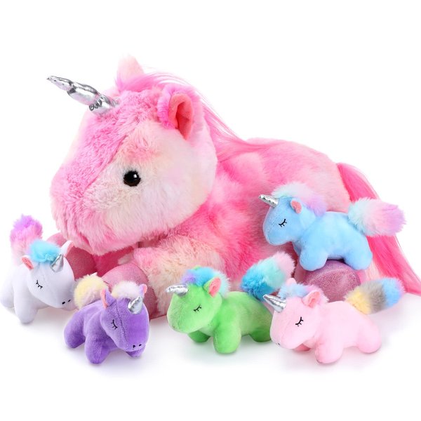 Sumind Rainbow Unicorn Mommy Stuffed Animal with 5 Cute Baby Unicorns in Her Tummy Plush Toy for Mama Girls Baby Toddler Kids 3 4 5 6 7 8+ YearChristmas Birthday Gifts(Stylish Style,Pink)