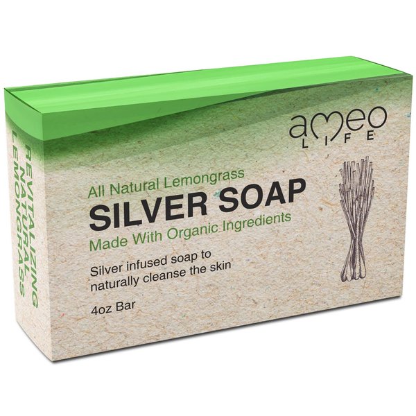 Ameo Life Lemongrass Silver Soap with 30 ppm Silver - Naturally Cleanses the Skin, 4 oz Colloidal Silver Soap Bar for Women and Men