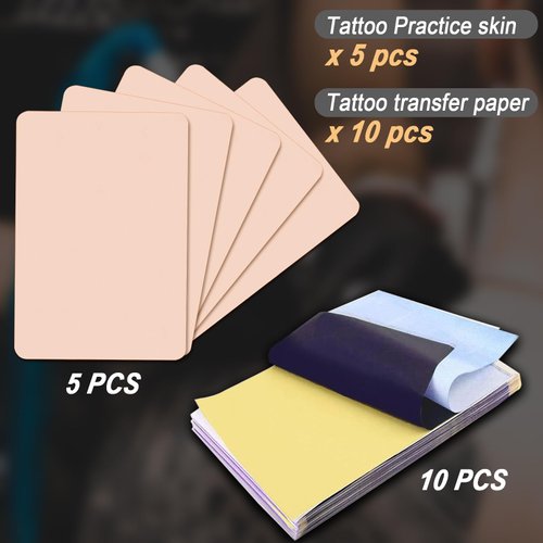 Tattoo Practice Skins with Transfer Paper, 15PCS Tattoo Fake Skin and Stencil Paper Kit Includes 5PCS Tattoo Practice Skin and 10PCS Tattoo Transfer Paper