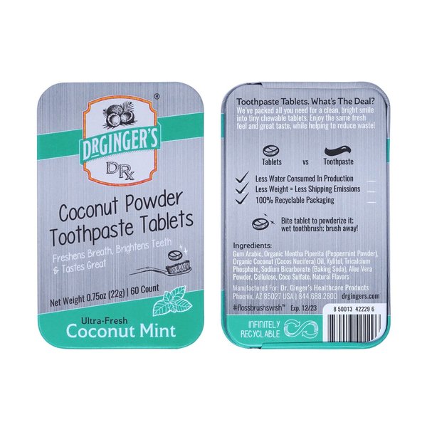 Dr. Ginger's Toothpaste Tablets, Eco-Friendly Travel Chewable Tabs for Gum Health, Fresh Breath & Plaque Prevention, Coconut Mint Flavor, Fluoride-Free, 0.75oz Tin, 60 Tablets