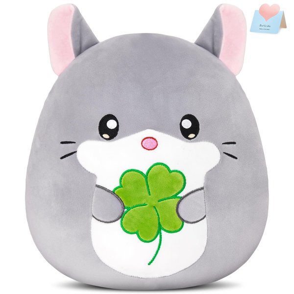 CozyWorld 13-Inch Chinchilla Plush Pillow with Four-Leaf Clover, Ultrasoft Grey Chinchilla Stuffed Animal Toy Hugging Throw Toy Gifts for Bedding, Kids Sleeping Kawaii Pillow