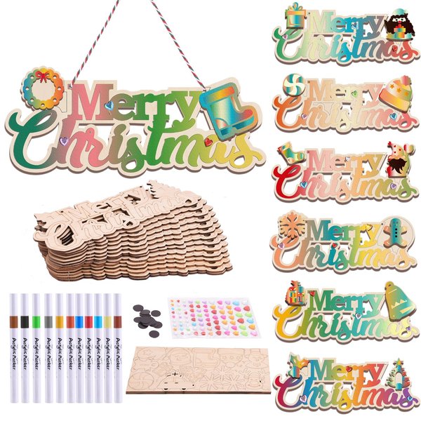 THWAS-LIGHT Christmas Wooden Ornaments Crafts for Kids to Paint,14 Pcs Unfinished Wood Painting Kits with Acrylic Paints for Girls and Boys Age 4-8 8-12,DIY Hanging Decor for Xmas Tree,Door