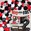 Racing Car 2nd Birthday Decorations for Boys, Red Black Race Flag Wheel Tire Balloon Garland Arch Kit with TWO FAST 2 CURIOUS Banner and Cake Topper for Kids Birthday Party Supplies