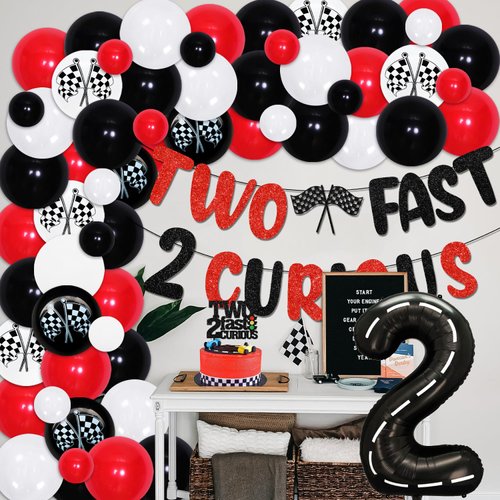 Racing Car 2nd Birthday Decorations for Boys, Red Black Race Flag Wheel Tire Balloon Garland Arch Kit with TWO FAST 2 CURIOUS Banner and Cake Topper for Kids Birthday Party Supplies