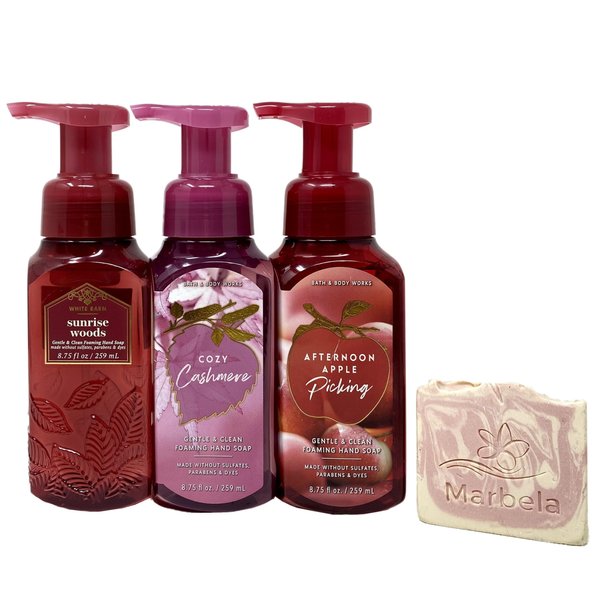 Bath & Body Works Cozy Cashmere, Sunrise Woods, Afternoon Apple Picking Gentle Foaming Hand Soap Pack of 3 With a Himalayan salts Spring Sample Soap.