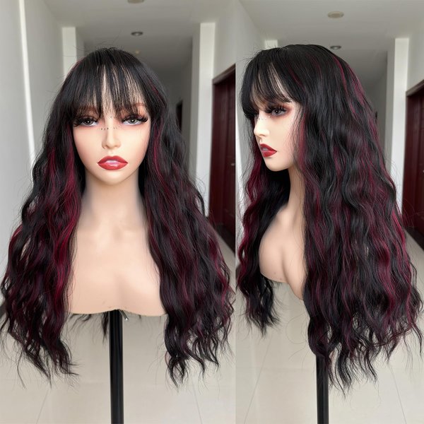 X-TRESS 22Inch Highlight red Wavy Wigs with Bangs Synthetic Natural Curly Bang Piano red Wigs Synthetic Wavy Heat Resistant Fiber Coloured Wigs with Bang for Black Women（F1B/BURG）